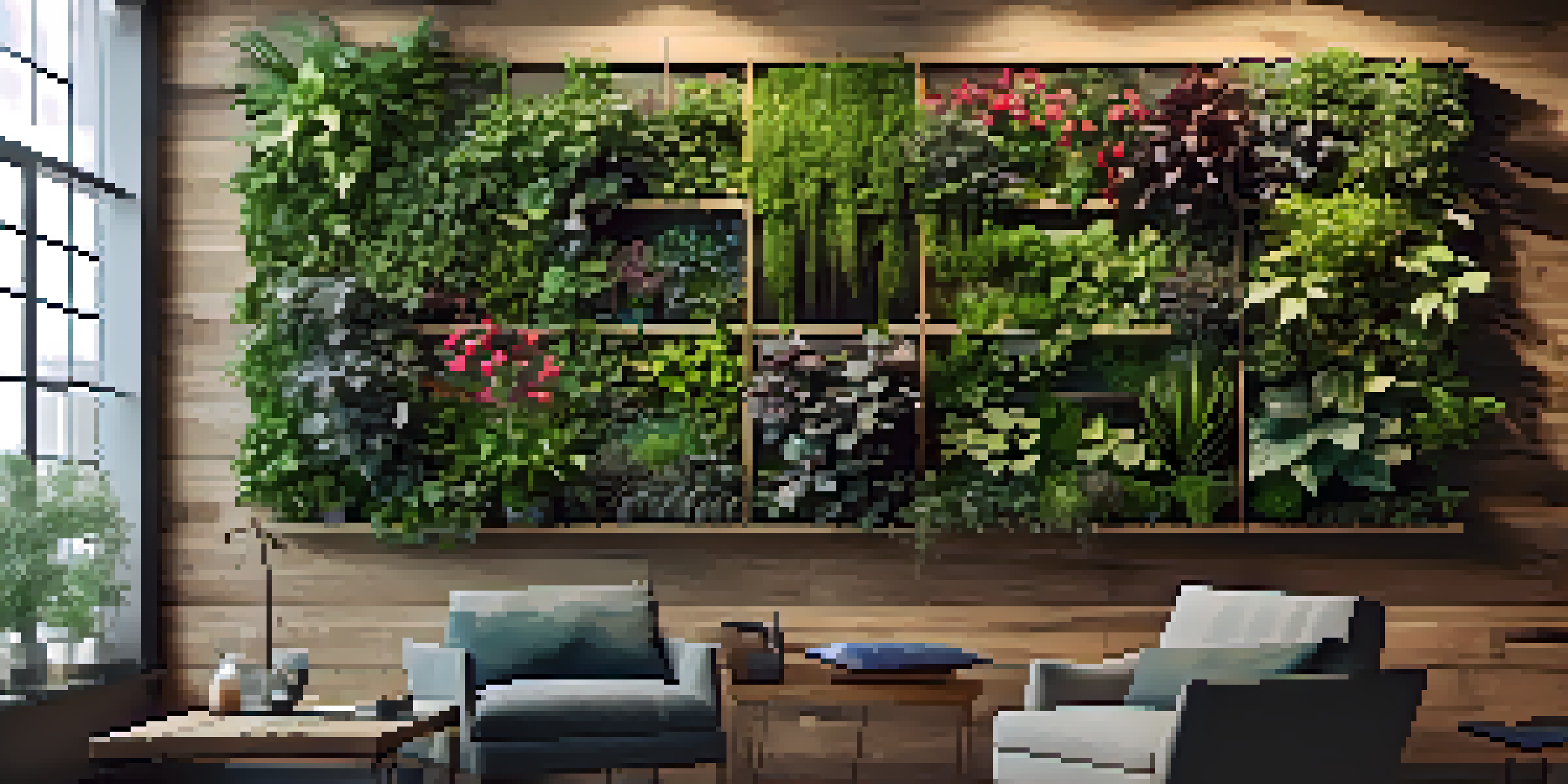 An indoor vertical garden with various green herbs and colorful flowers mounted on a sunlit wall, showcasing a rustic wooden frame and soft sunlight streaming in.