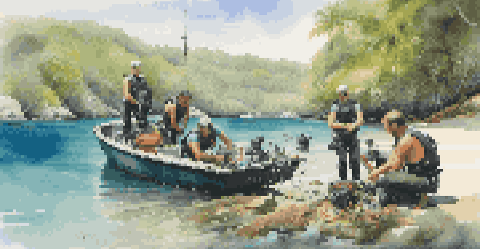 A group of divers preparing their equipment on a boat near a secluded cove, surrounded by clear water and greenery.