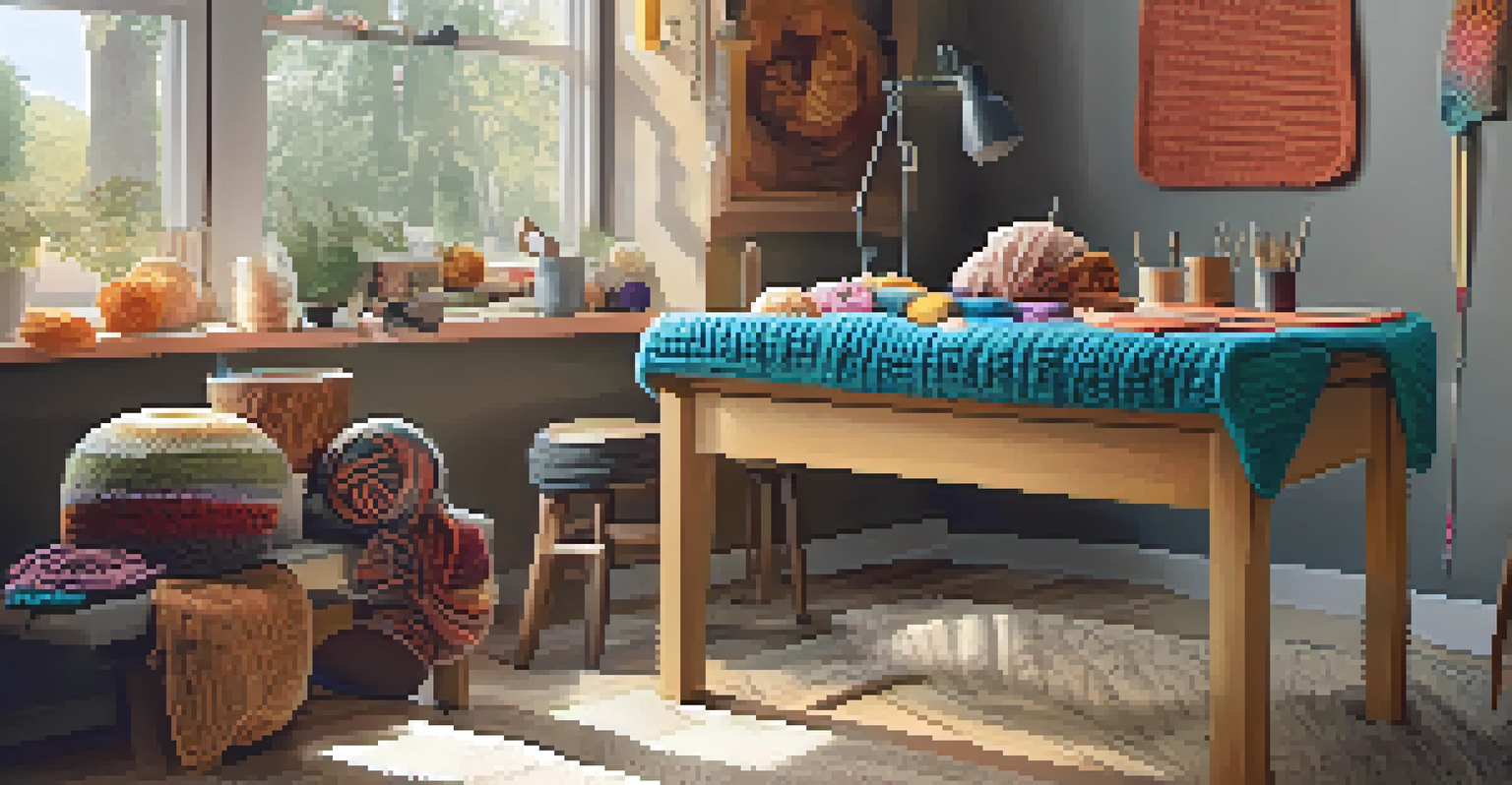 A crafting workspace with a mixed media project combining knitting and crocheting in vibrant colors.