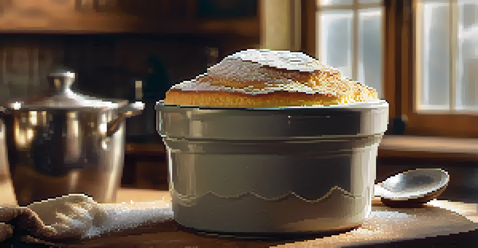 A golden brown soufflé rising in a rustic ceramic dish on a wooden counter, with blurred kitchenware in the background.
