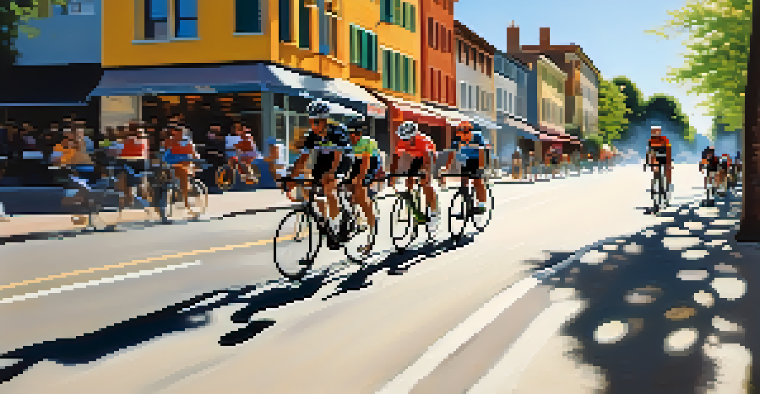 A group of cyclists racing down a winding path, with bright colors and dynamic shadows suggesting motion.