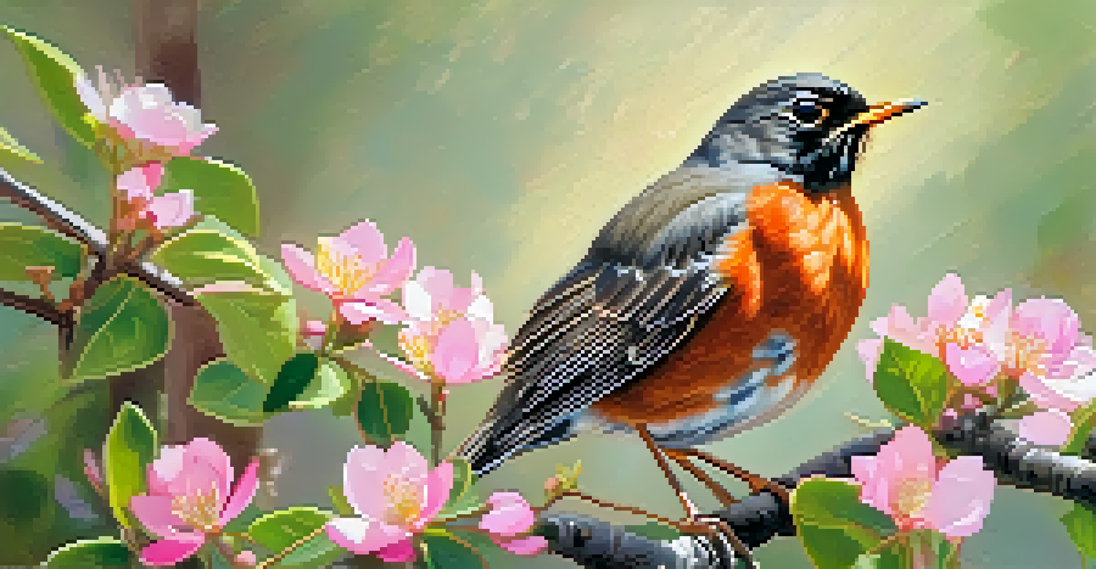 A close-up of an American Robin on a branch with budding leaves and pink blossoms, illuminated by soft sunlight.
