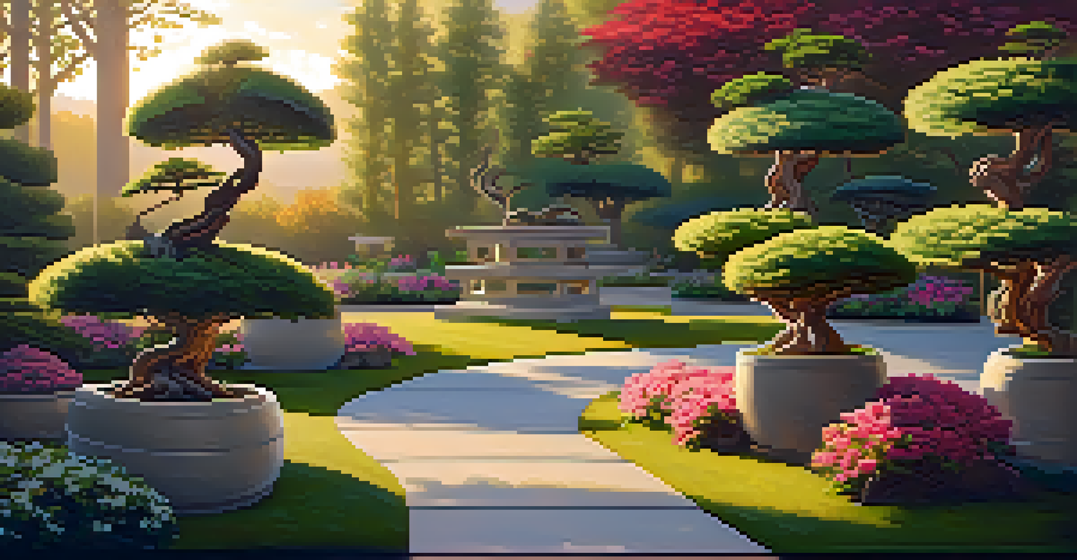 A serene garden scene with multiple bonsai trees of various species, showcasing different styles, surrounded by flowers and grass in warm sunlight.