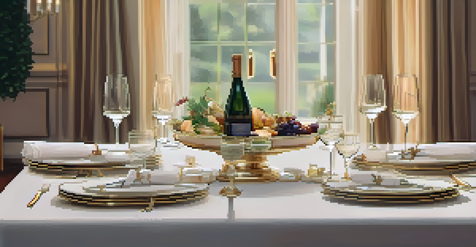 An elegant dining table set for a wine and food pairing, featuring fine china and sparkling wine glasses under soft ambient lighting.