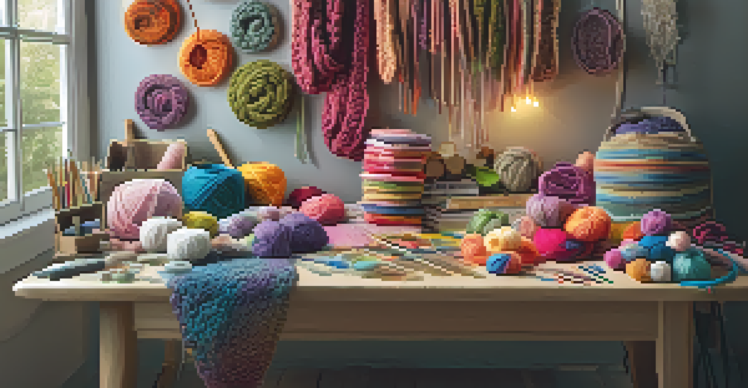 A well-organized crafting space with colorful yarn, needles, and finished projects on a table, illuminated by soft overhead lighting.