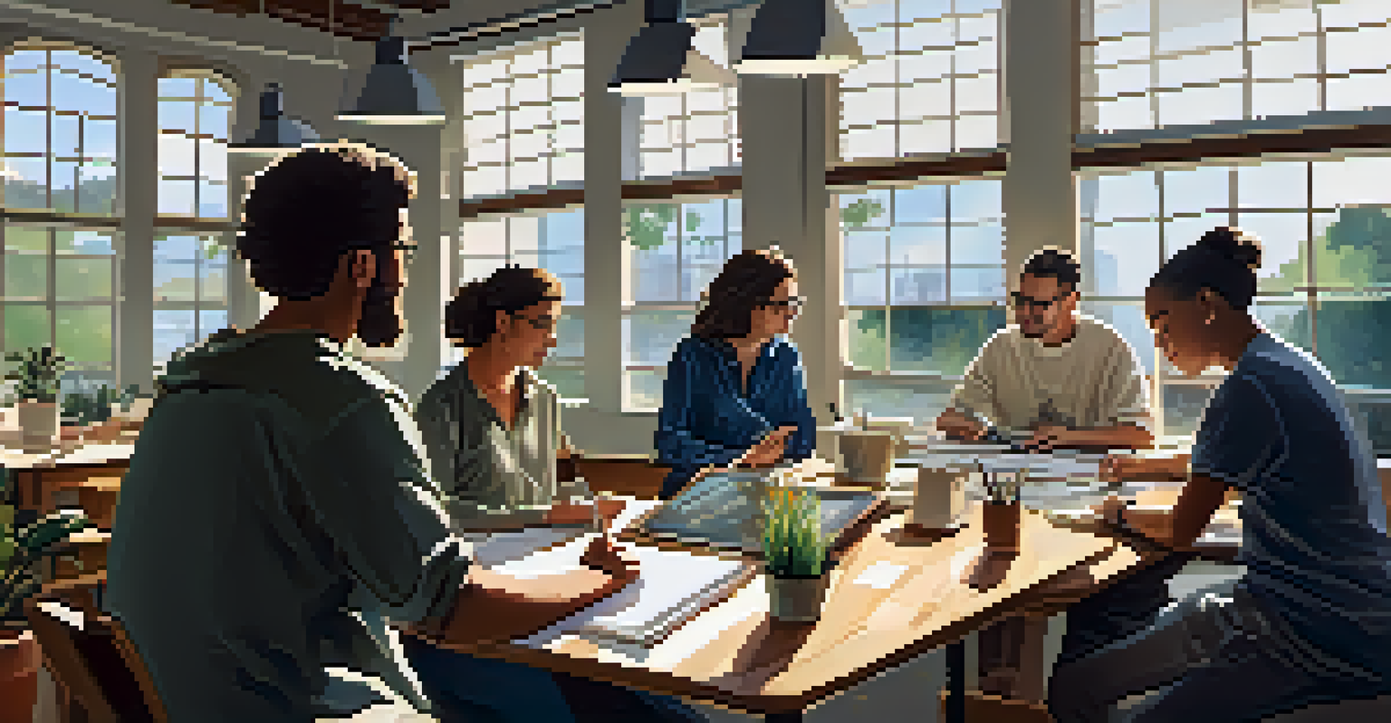 A workshop setting with a facilitator leading a group of writers at tables, illuminated by natural light with motivational posters on the walls.