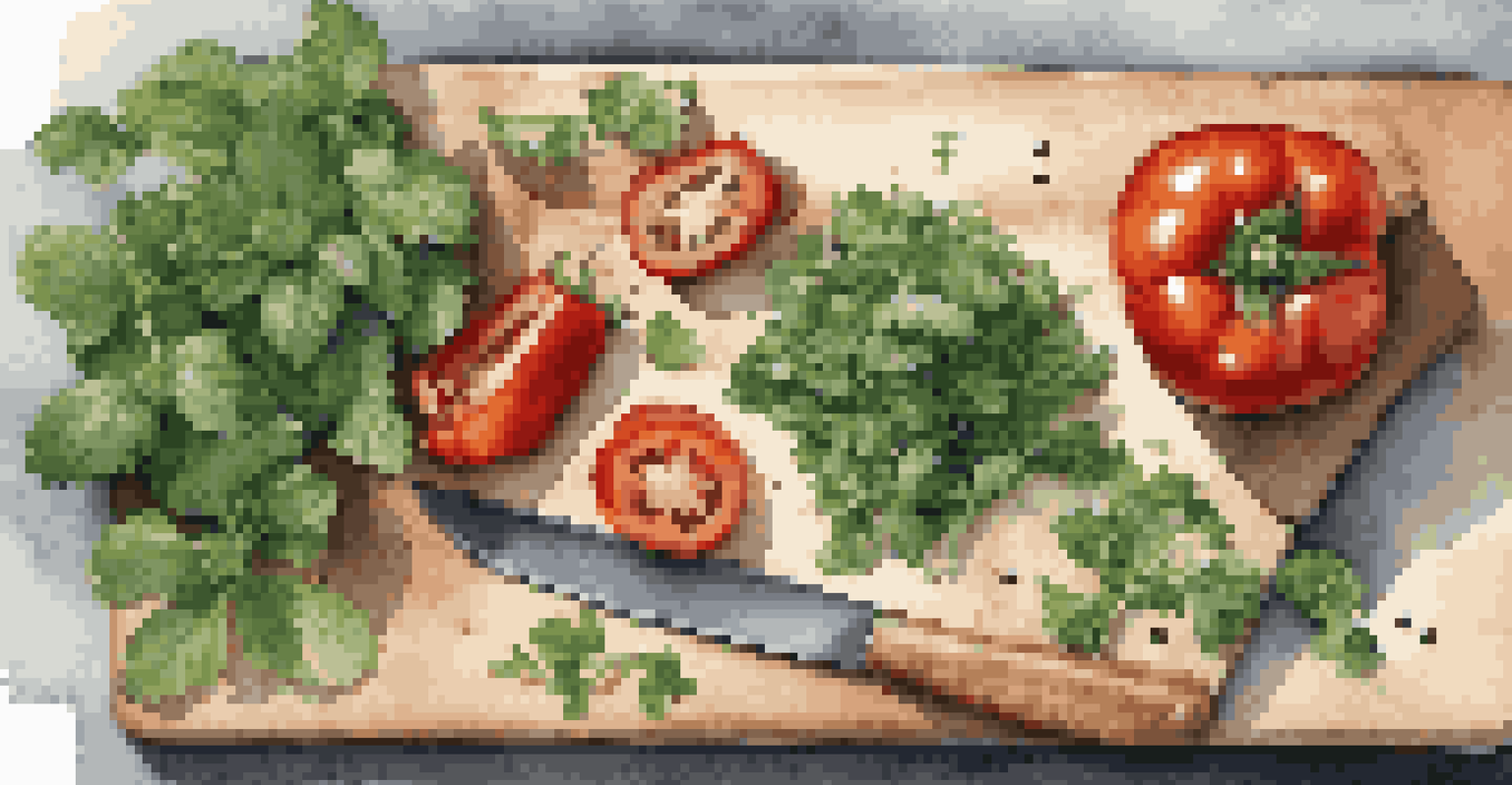 A cutting board displaying chopped herbs and colorful vegetables, with olive oil and a knife nearby.