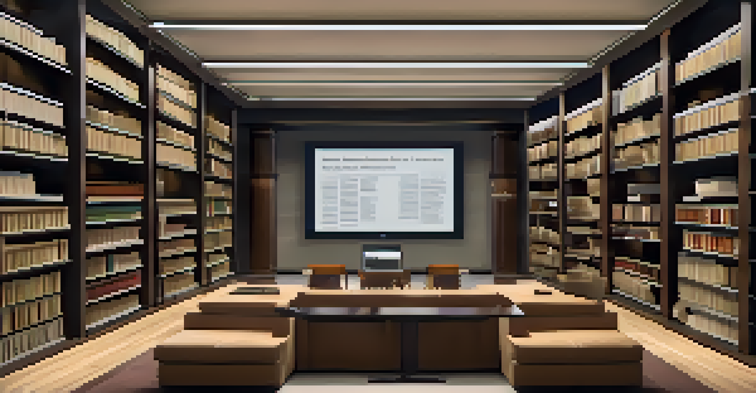 A modern computer screen displaying a digital archive of historical documents in a contemporary library setting, with shelves of books in the background.