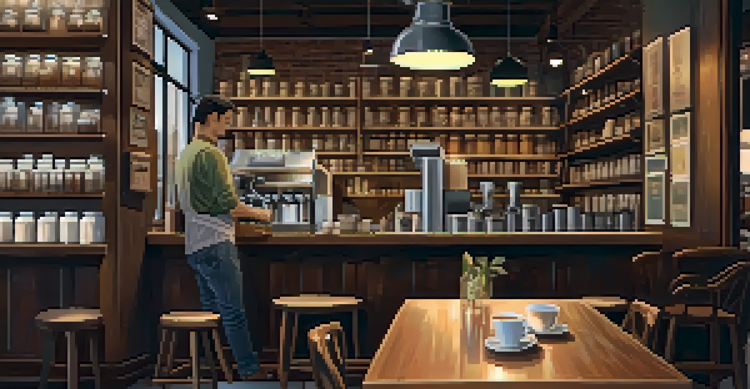 A cozy coffee shop with a barista making latte art, warm lighting, wooden furniture, and a customer reading a book.