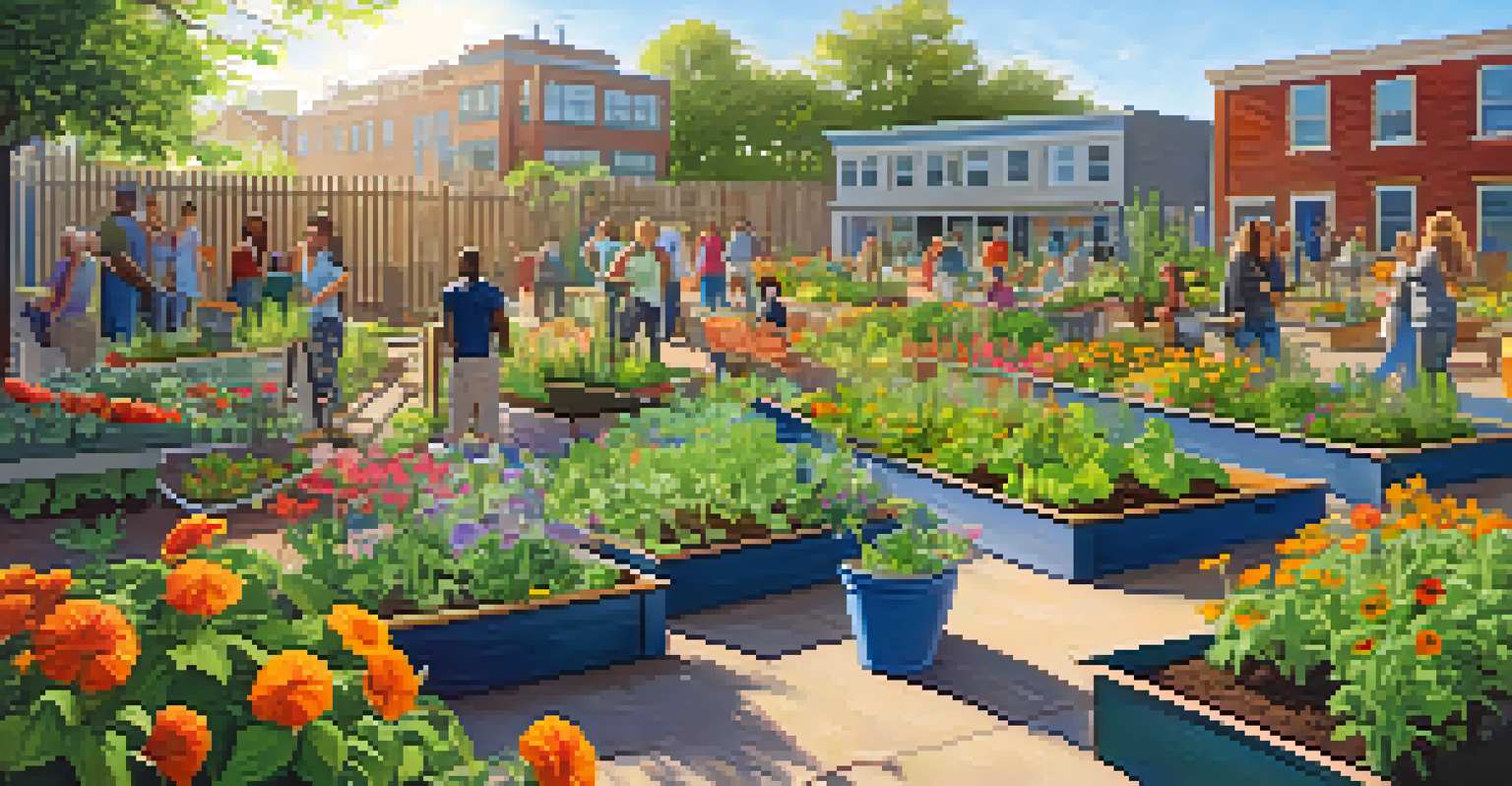 A vibrant community garden in a revitalized urban space, showcasing colorful flowers and vegetables with locals gardening together under bright sunlight.