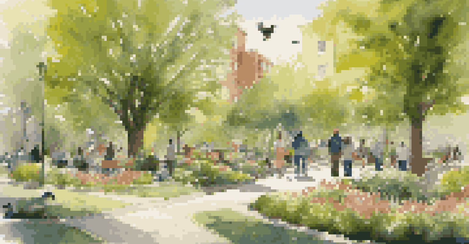 A vibrant urban park with various birds at feeders, surrounded by greenery and colorful flowers, with people observing.