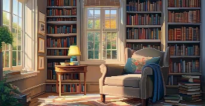 A comfortable reading corner featuring an armchair, books, and a lamp, with decorative quotes on the walls.