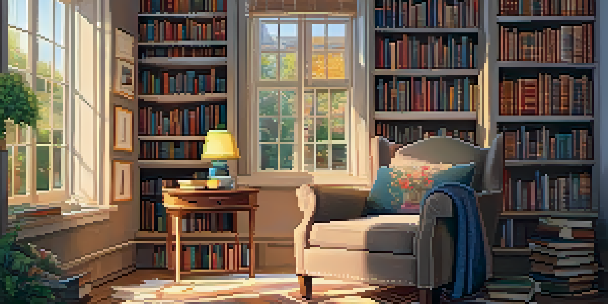 A comfortable reading corner featuring an armchair, books, and a lamp, with decorative quotes on the walls.