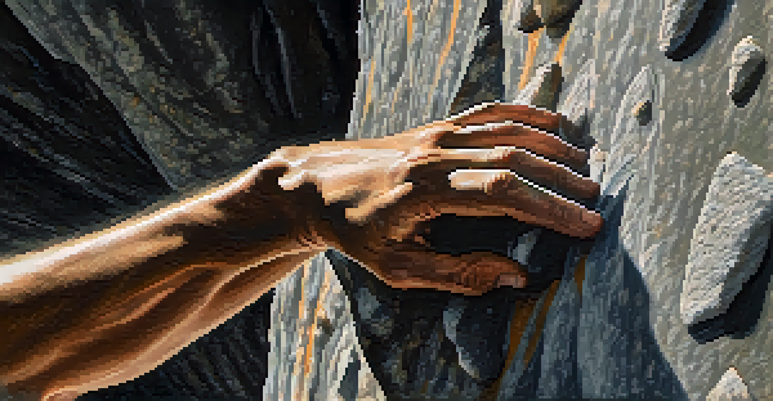 A climber's hands gripping a climbing hold with chalk dust in the air, showcasing focus and determination.