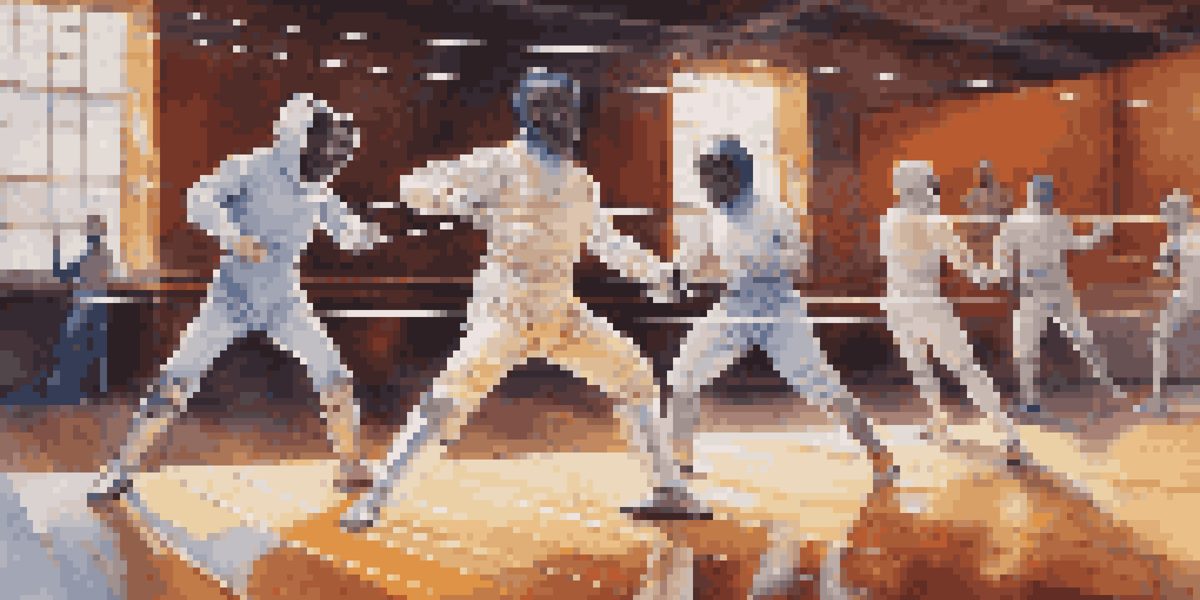 A diverse group of fencers training in a well-lit fencing club, showcasing various uniforms and masks, with a focus on their dynamic movements.