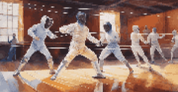 A diverse group of fencers training in a well-lit fencing club, showcasing various uniforms and masks, with a focus on their dynamic movements.