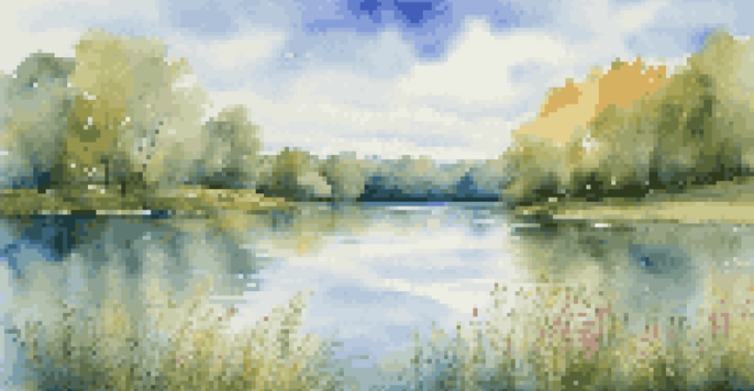 A peaceful watercolor painting of a lake surrounded by trees, with fluffy clouds and colorful wildflowers in the foreground.