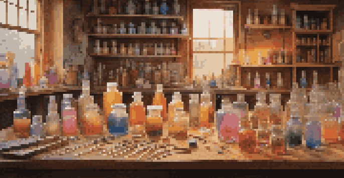 A model builder's workspace with colorful resin bottles and mixing tools, illuminated by warm lighting, featuring partially completed resin models in the background.