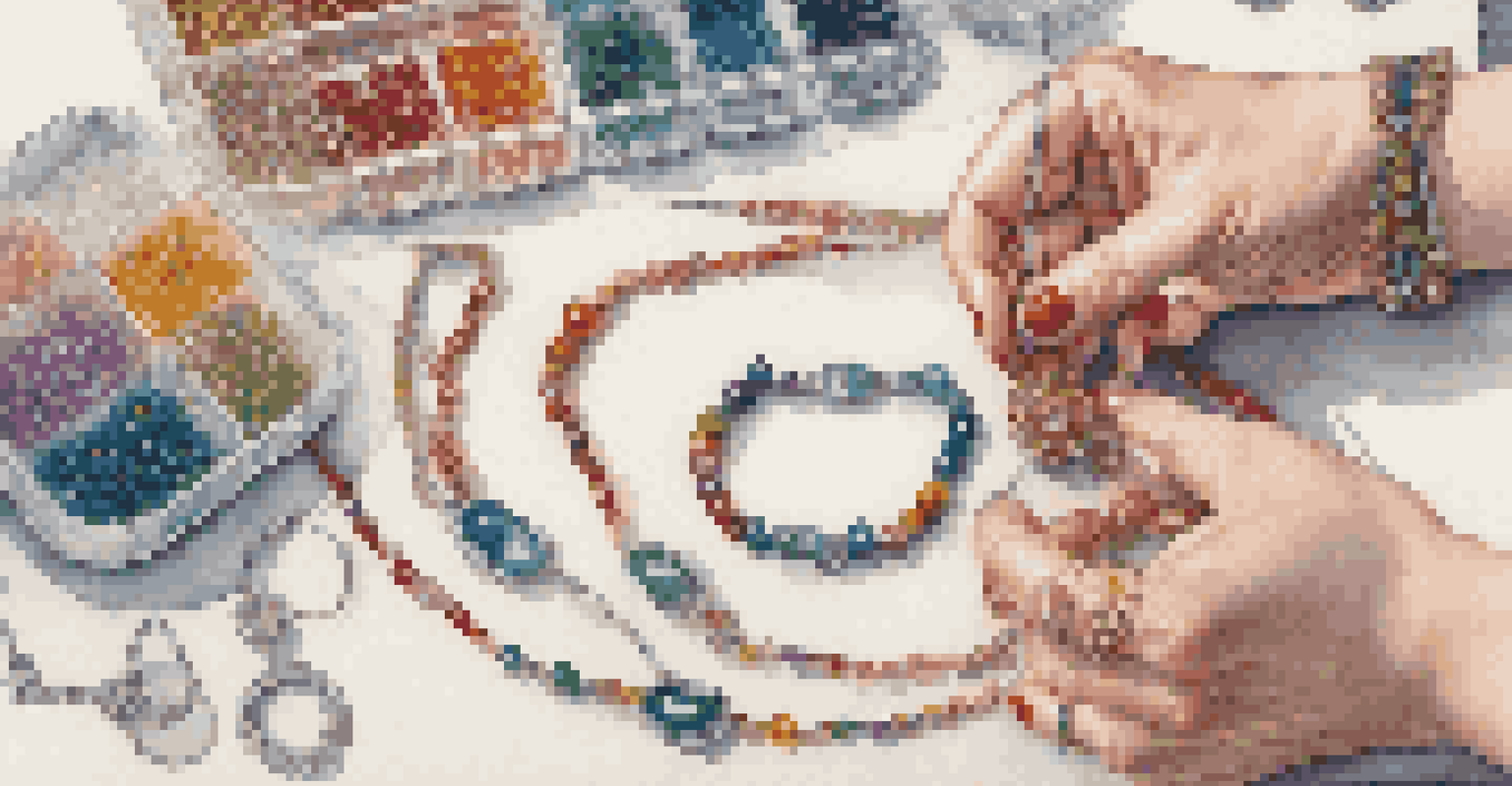 Close-up of hands assembling a necklace with colorful beads on a thin wire, with blurred jewelry-making materials in the background.