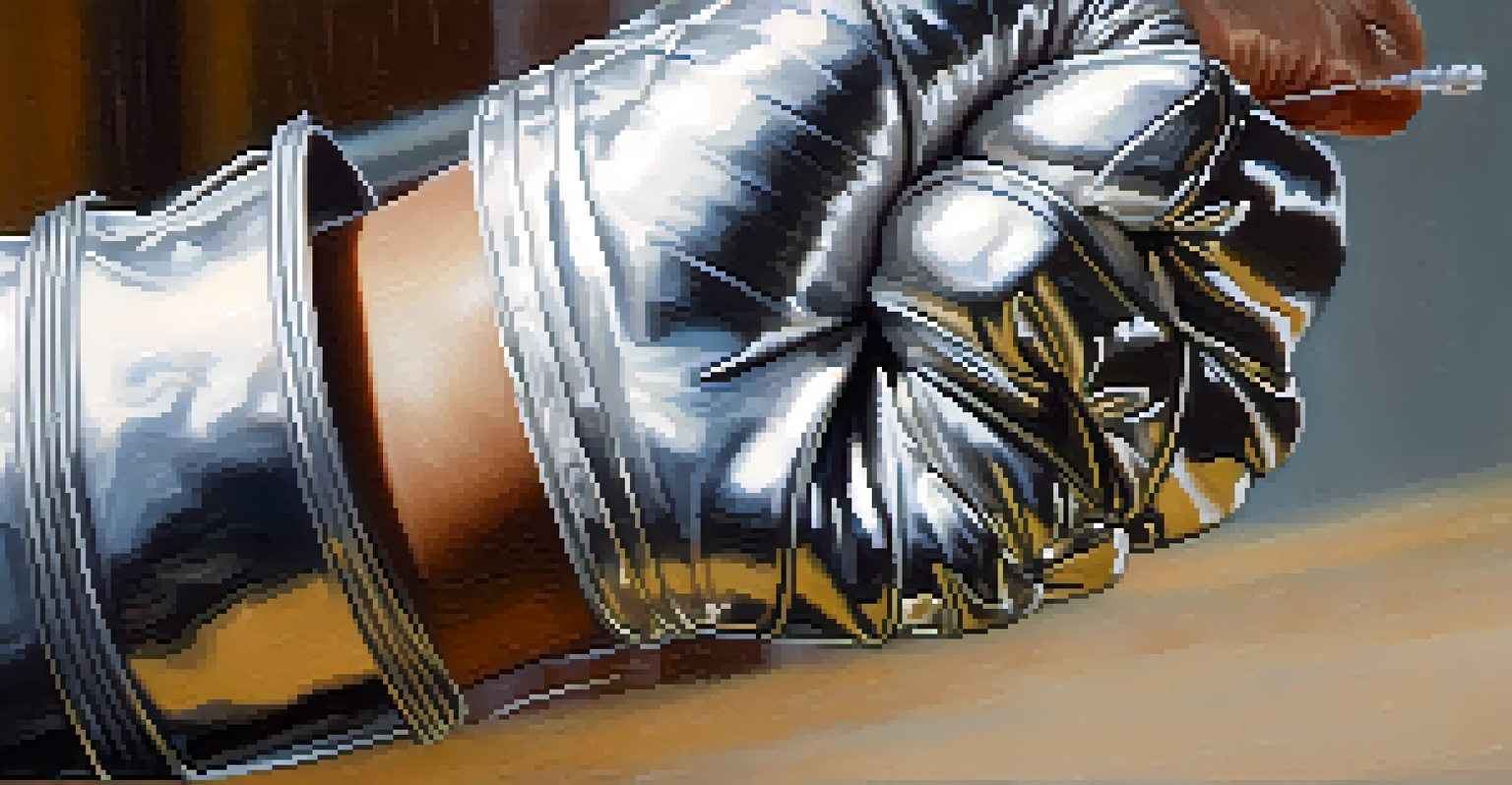 Close-up of a fencer's hand gripping a foil, with visible sweat and focus, illuminated by soft natural light.