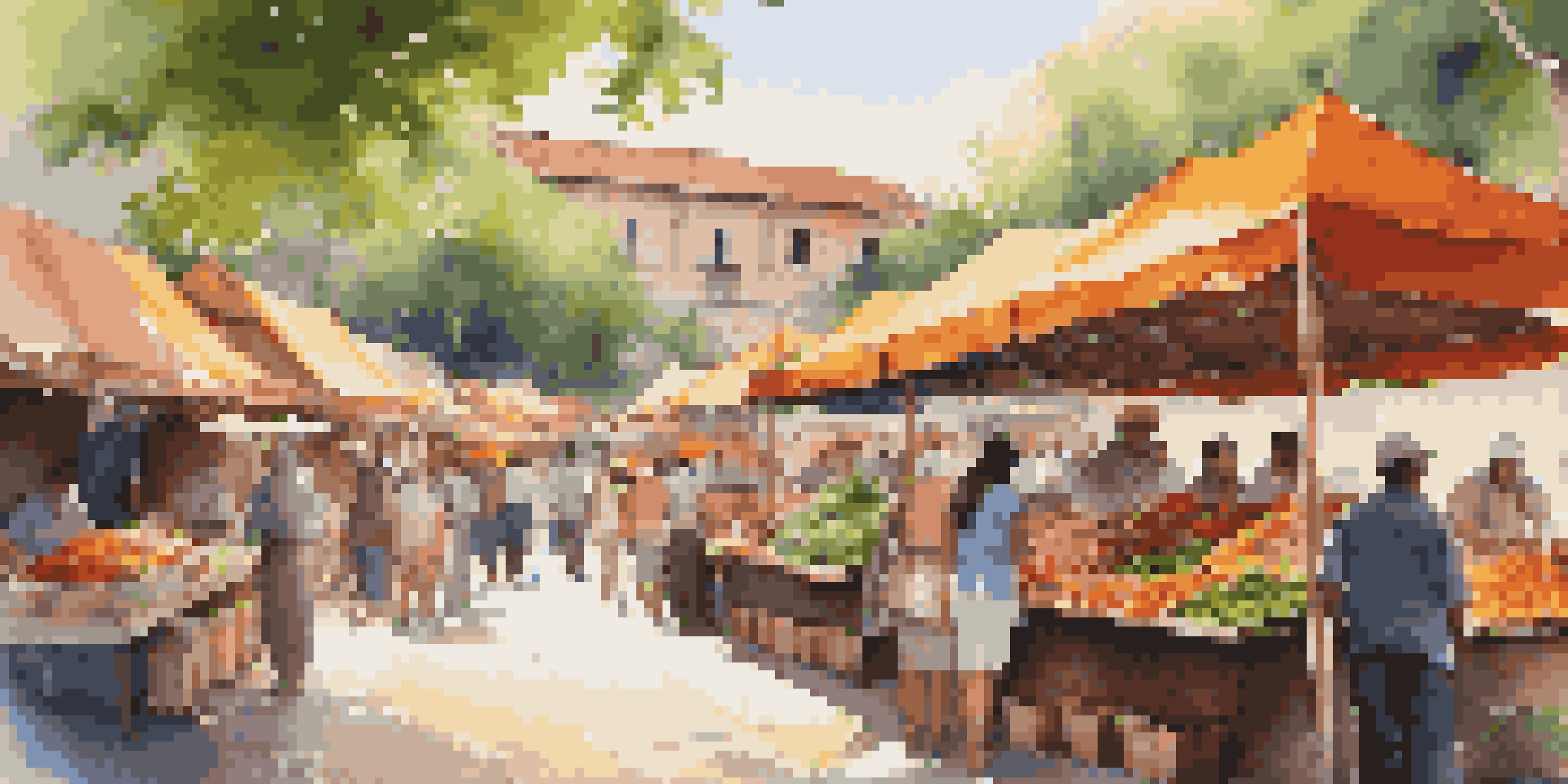 A busy street food market with colorful stalls and people enjoying food outdoors.