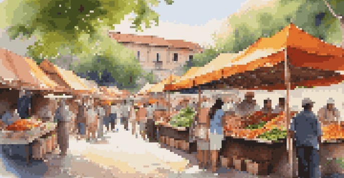 A busy street food market with colorful stalls and people enjoying food outdoors.