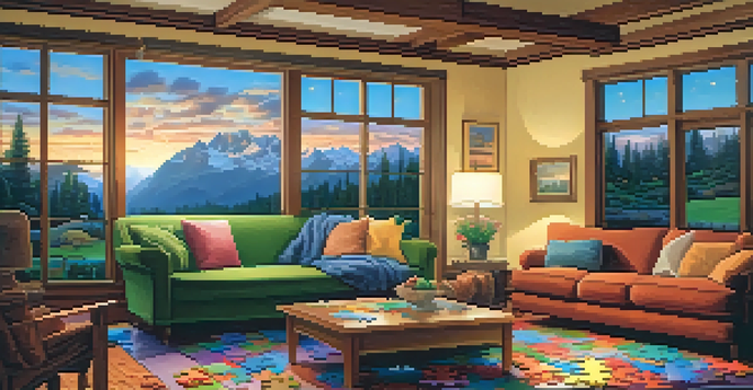A cozy living room with a coffee table covered in colorful jigsaw puzzle pieces and a half-completed puzzle of a serene landscape.