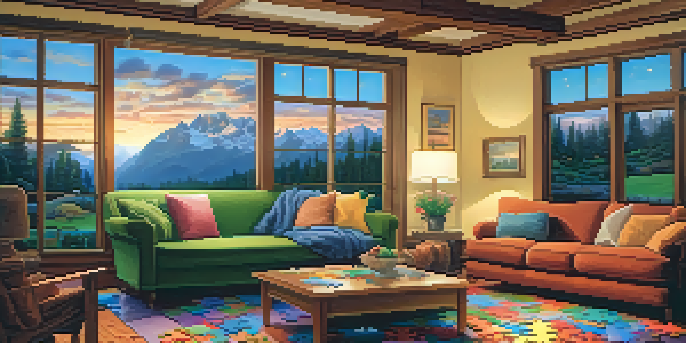 A cozy living room with a coffee table covered in colorful jigsaw puzzle pieces and a half-completed puzzle of a serene landscape.