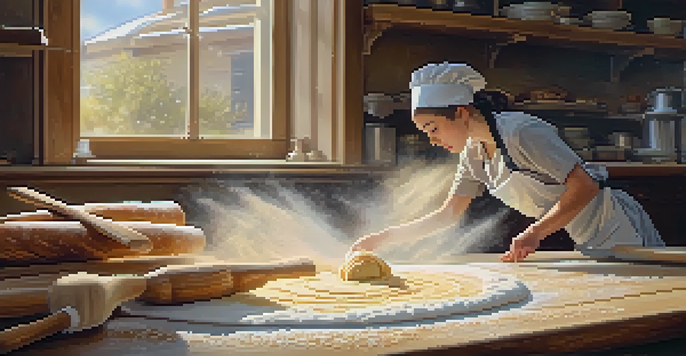 A pastry chef rolling out shortcrust pastry with baking tools on a wooden surface, illuminated by natural light.