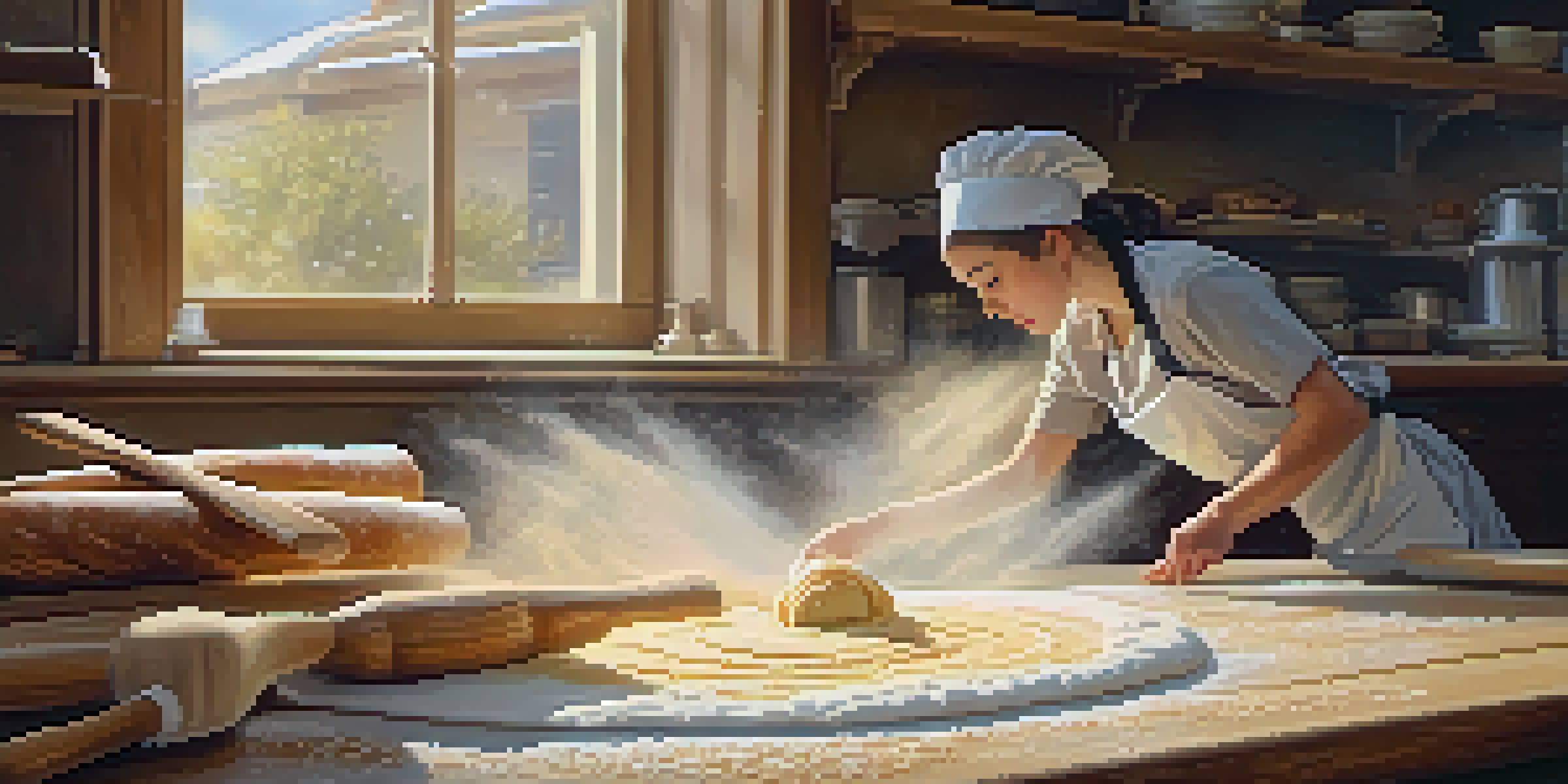 A pastry chef rolling out shortcrust pastry with baking tools on a wooden surface, illuminated by natural light.