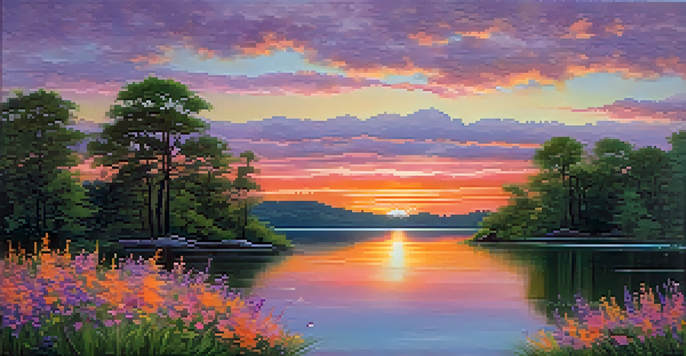 A serene landscape with a vibrant sunset over a calm lake, reflecting colors in the water, framed by lush trees and wildflowers in the foreground.