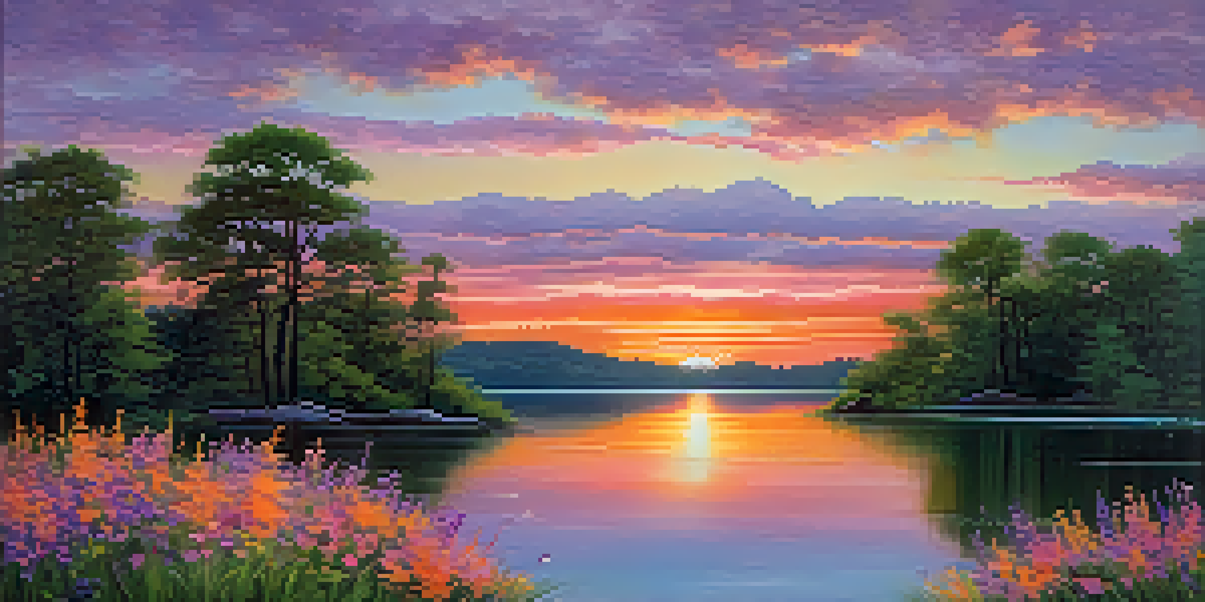 A serene landscape with a vibrant sunset over a calm lake, reflecting colors in the water, framed by lush trees and wildflowers in the foreground.