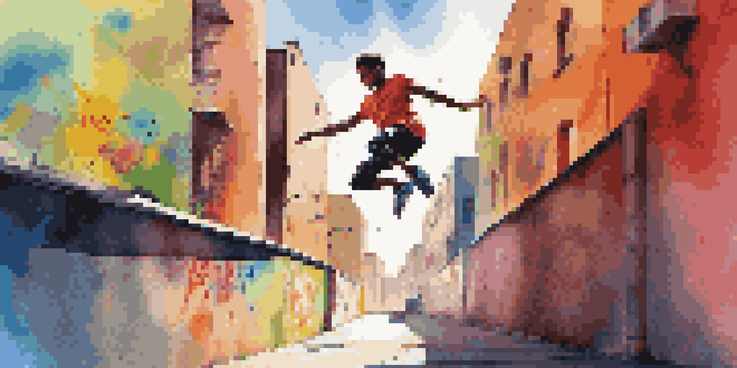 A young person executing a jump in an urban area, surrounded by colorful graffiti and sunlight.