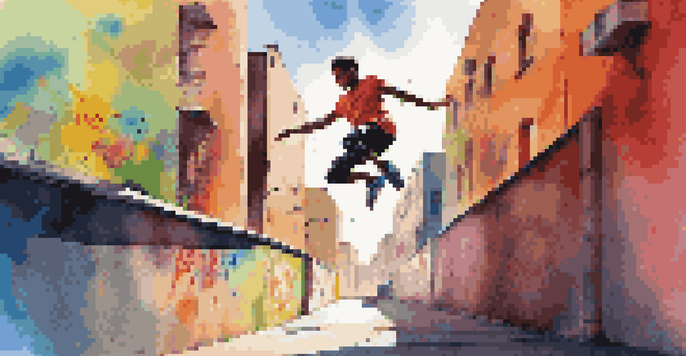 A young person executing a jump in an urban area, surrounded by colorful graffiti and sunlight.