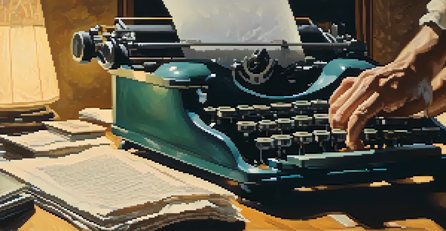 A close-up of hands typing on a vintage typewriter, surrounded by crumpled papers and warm lamp light.