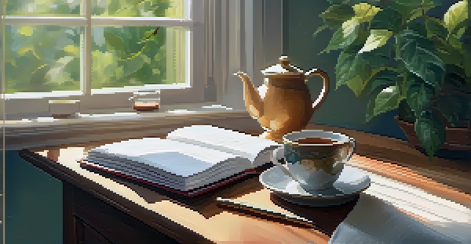 A peaceful workspace featuring a wooden desk with an open journal, a cup of tea, and a view of a garden outside the window.