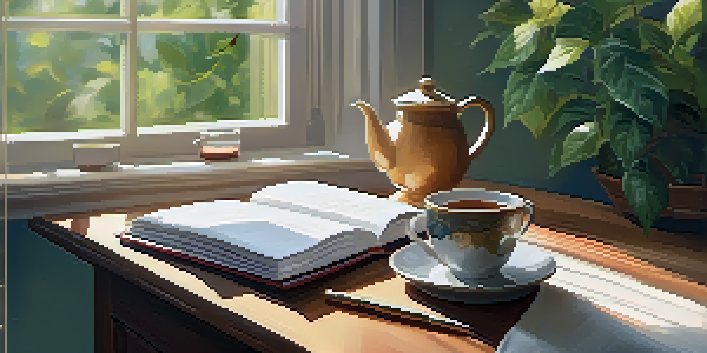 A peaceful workspace featuring a wooden desk with an open journal, a cup of tea, and a view of a garden outside the window.