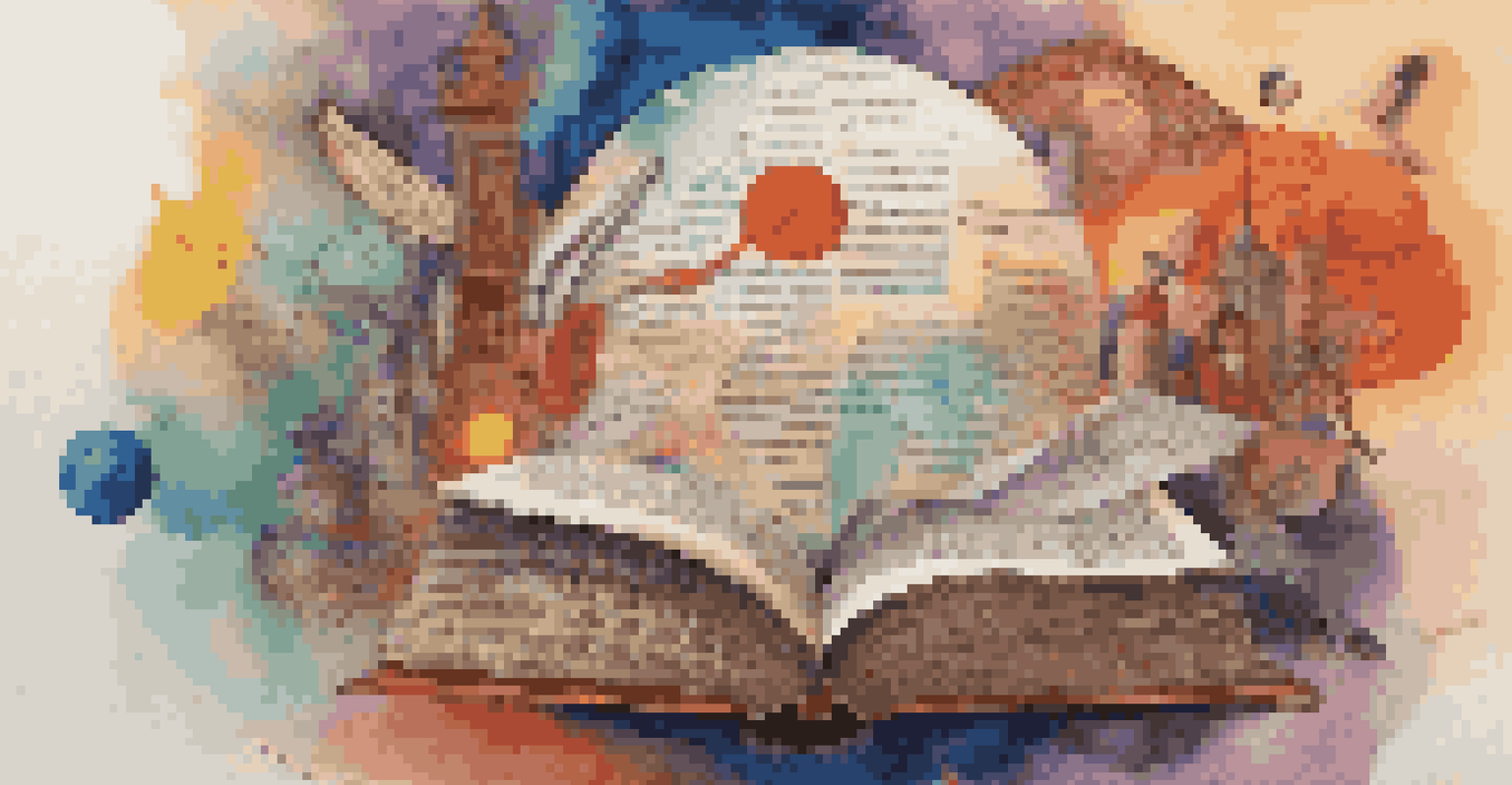 An abstract collage of literary symbols including a quill, an open book, and a globe, with a colorful background and floating text snippets.
