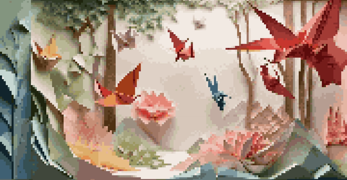 An origami exhibition showcasing colorful paper sculptures in a garden setting, with soft lighting and shadows highlighting the intricate folds.