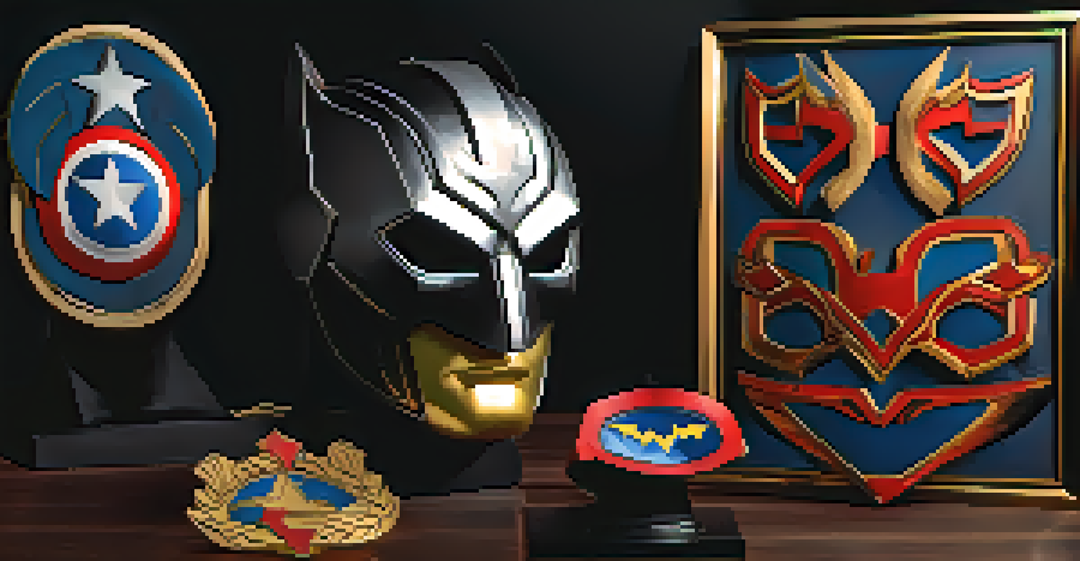 Close-up of superhero cosplay accessories including a mask, emblem, and gloves on a black surface with dramatic lighting.