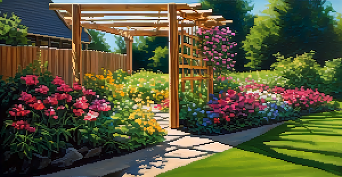 A rustic wooden A-frame trellis covered with colorful climbing flowers in a sunny garden setting.