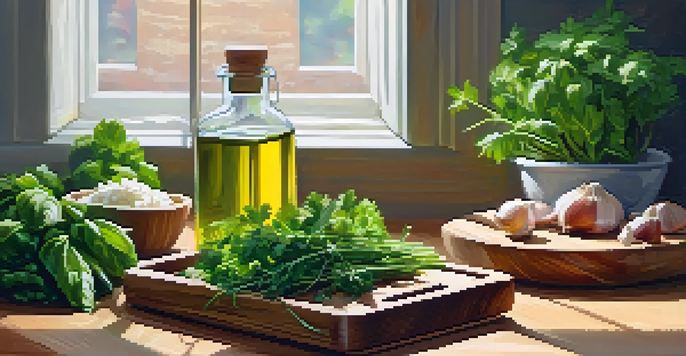 A bright kitchen with fresh herbs on a wooden countertop, sunlight streaming in, and a cutting board with olive oil and garlic in the background.