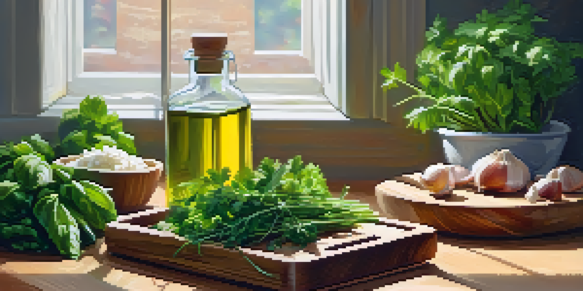 A bright kitchen with fresh herbs on a wooden countertop, sunlight streaming in, and a cutting board with olive oil and garlic in the background.
