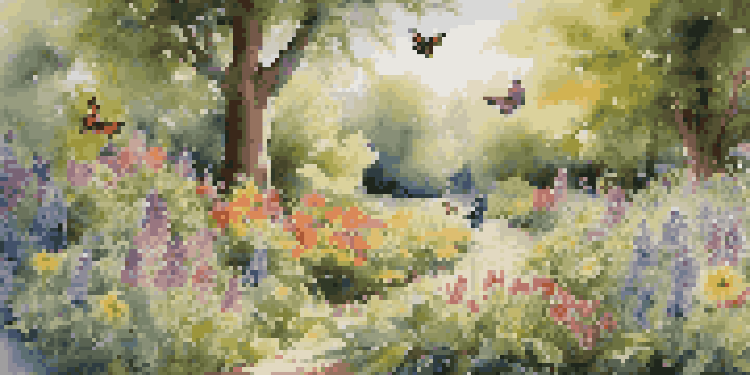 A colorful spring garden with blooming wildflowers, birds, and butterflies, illuminated by soft sunlight.
