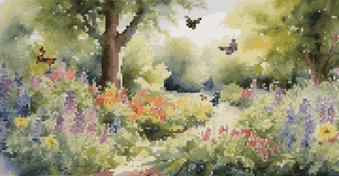 A colorful spring garden with blooming wildflowers, birds, and butterflies, illuminated by soft sunlight.