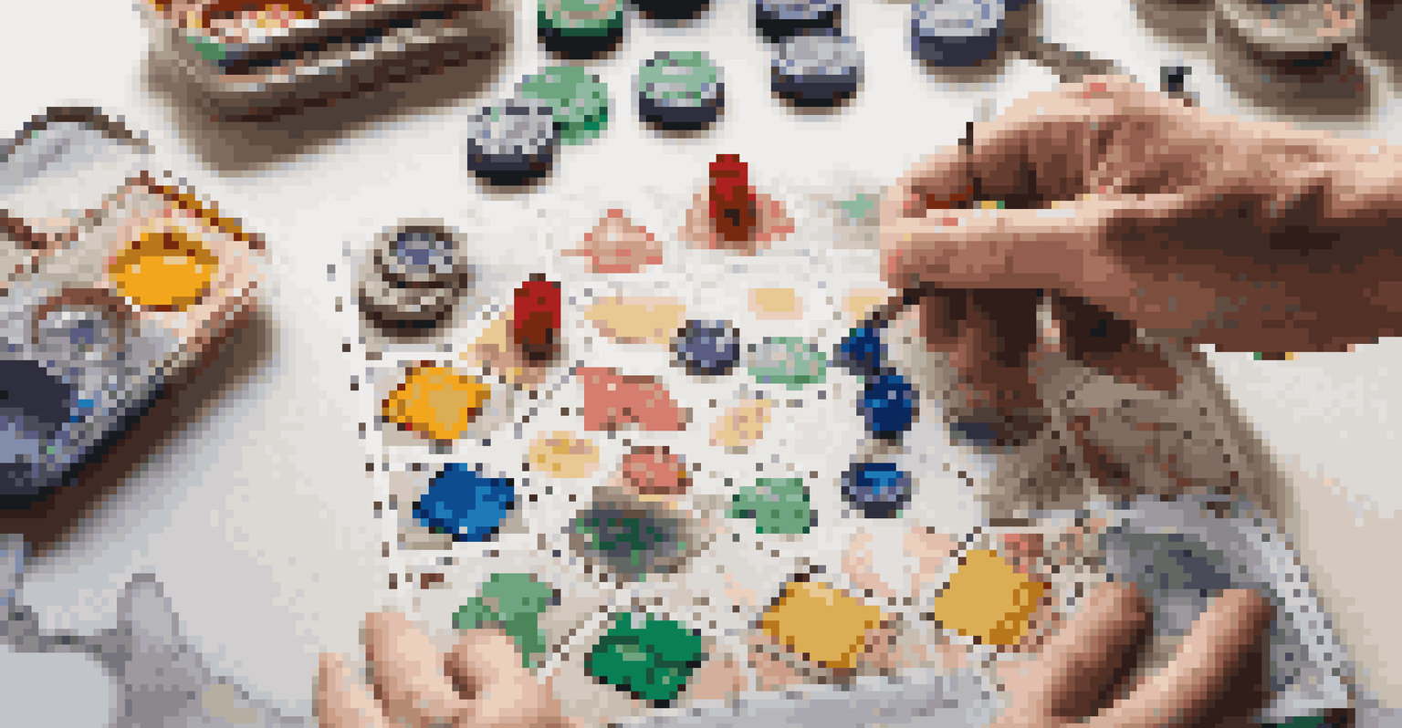 A close-up of hands crafting a board game prototype, with colorful tokens, sketches, and materials in the background, illuminated by natural light.