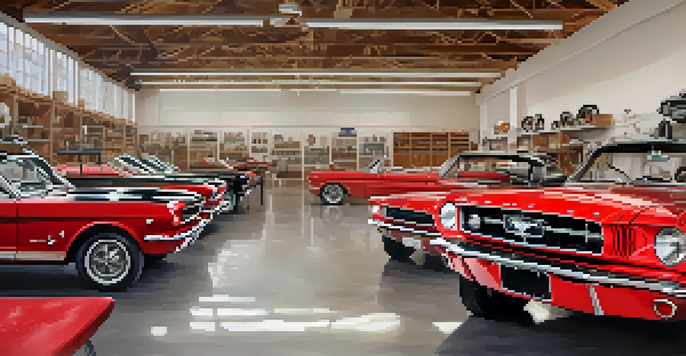 A restoration shop filled with vintage cars, bright red Mustang being worked on by technicians in a well-lit environment.