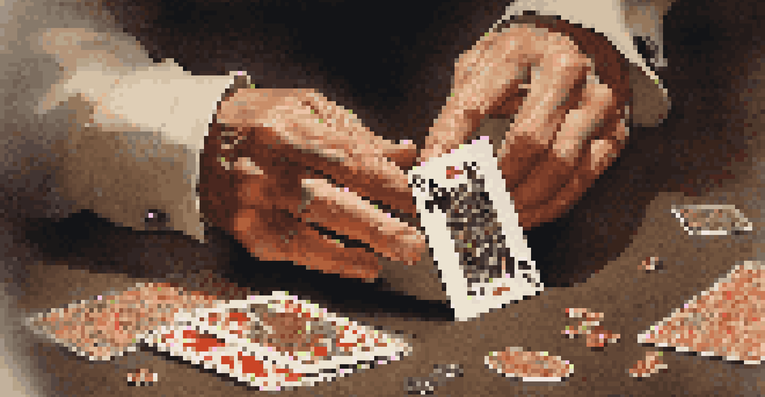 Close-up of a magician's hands manipulating a deck of cards, with intricate patterns and a blurred background.