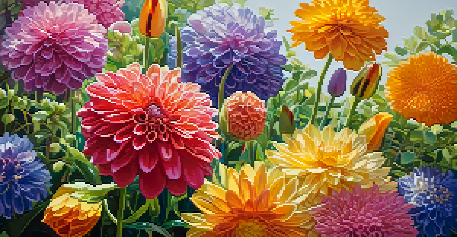 A colorful close-up of a flower garden with various blooming flowers.