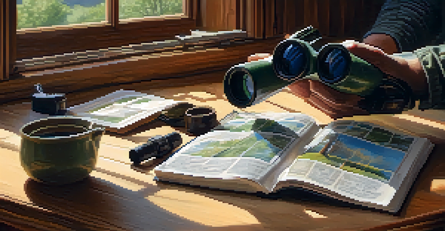 A close-up of hands holding a bird field guide and binoculars on a table, with a forest view outside the window.